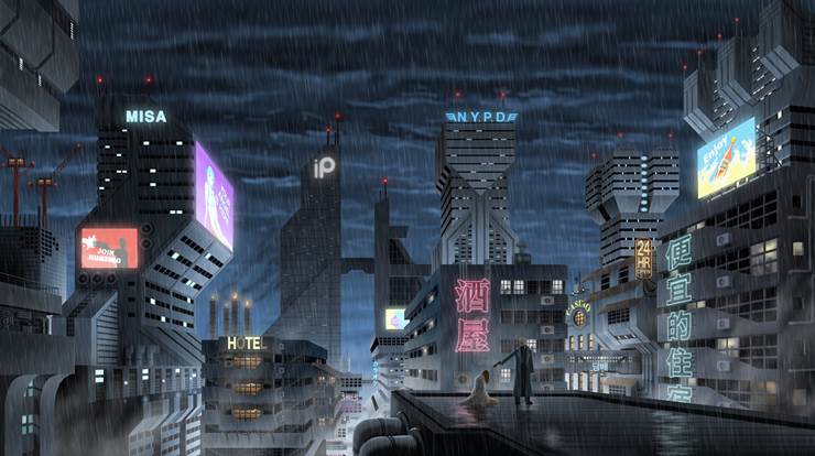 near future, police, big city, night view, rain, 赛博朋克