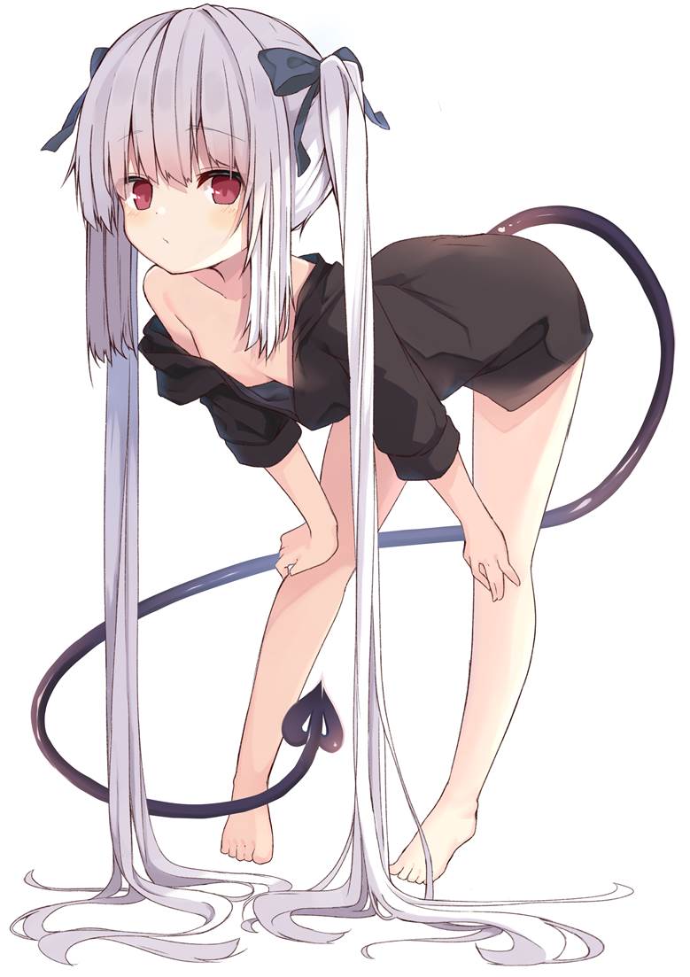 原创, 女孩子, 恶魔娘, 双马尾, 白发, 连帽衫, 胸部走光, young girl, 赤脚, 原创10000users加入书籤