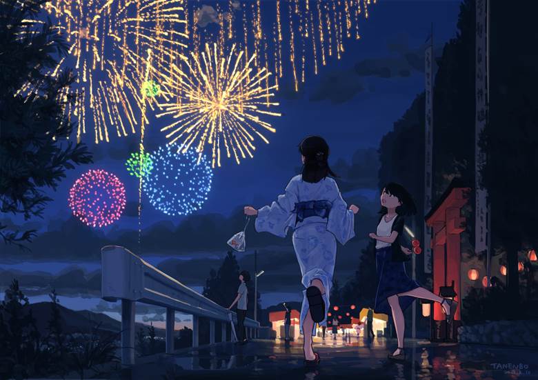 原创, 女孩子, 风景, 夏天, nostalgic, 焰火, festival, yukata, Japanese summer, guardrail