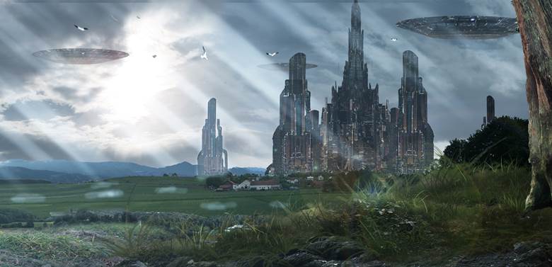 原创, 风景, background, 概念艺术, sky, city, spaceship, mountain, forest