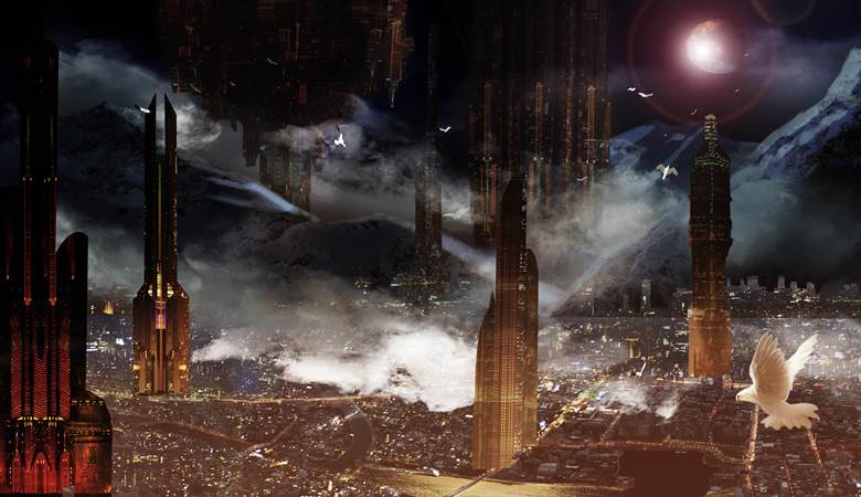 原创, 风景, background, 概念艺术, sky, city, night, moon