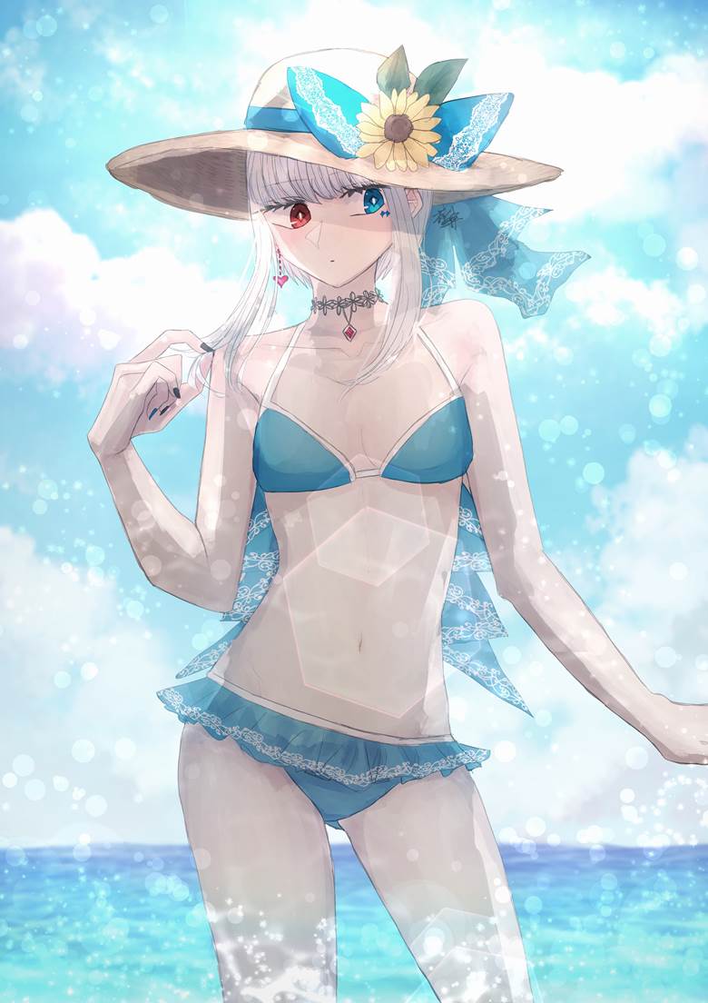 原创, 女孩子, 比基尼, 草帽, 白发, 异色瞳