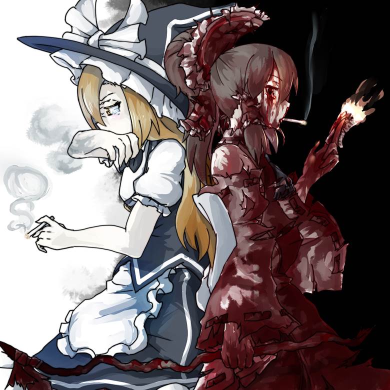 东方, 数码, 东方Project, 博丽灵梦, 雾雨魔理沙, 恐怖, blood, 主角组（灵魔）, 香烟