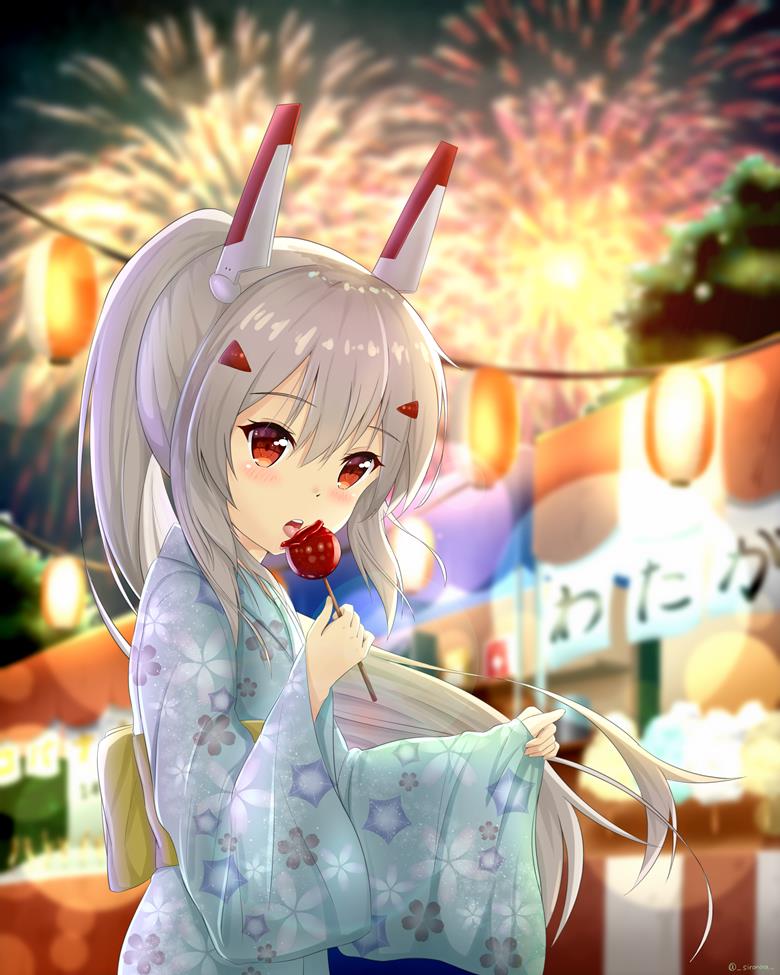 Azur Lane, Ayanami (Azur Lane), Ayanami (Azur Lane), summer festival, yukata, fireworks, candy apple, Azur Lane 500+ bookmarks