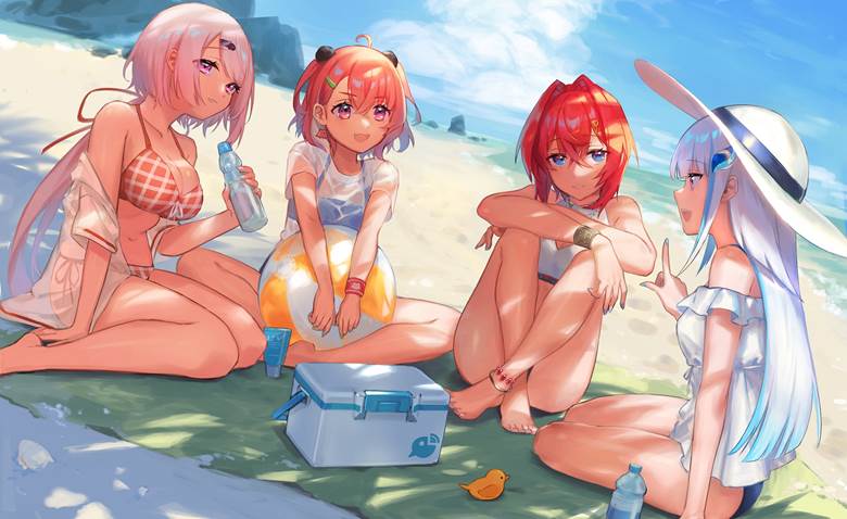 Nijisanji, Yuika Shiina, Saku Sasaki, Lize Helesta, Ange Katrina, swimsuit, sea, swimming in the sea, Virtual YouTuber 5000+ bookmarks, barefoot