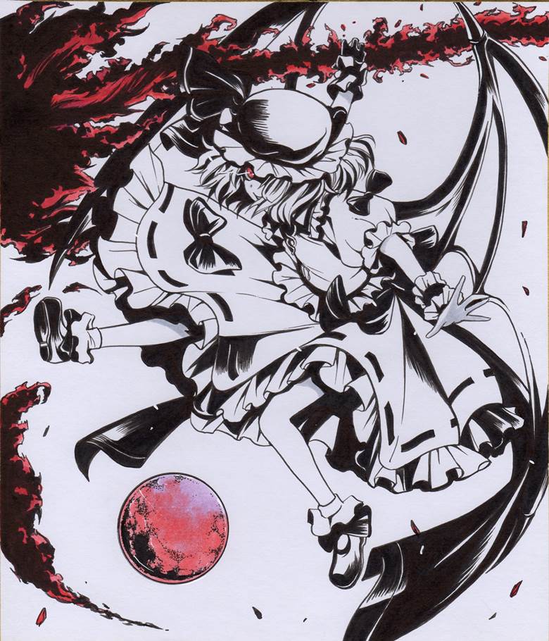 东方Project, 蕾米莉亚·斯卡蕾特, 蕾米莉亚, vampire, analog illustration, copic马克笔, Yahoo Auctions, 黑白