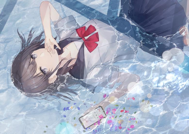 原创, 女孩子, 水手服, 仰卧, smartphone, water surface, 原创5000users加入书籤