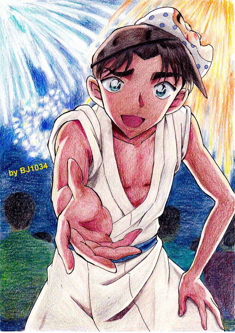 case closed, color pencil, traditional, replica, hattori heiji, fireworks, yukata, Aoyama-related Works 100+ bookmarks