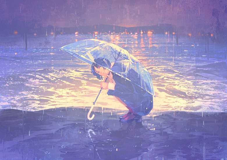 下雨时拿透明伞的日系少女Pixiv同人插画图片