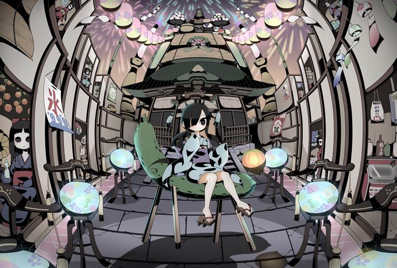 原创, 原创, Japanese-style, young girl, 和服, kimono, 风铃, paper lantern, 焰火, 夏天