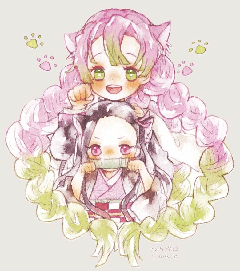 鬼灭之刃, Mitsuri Kanroji, 灶门祢豆子, watercolor, 卧槽好可爱, Demon Slayer: Kimetsu no Yaiba 1000+ bookmarks