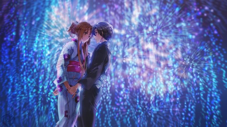 sword art online, kirito, asuna, yukata, fireworks, Kirito/Asuna