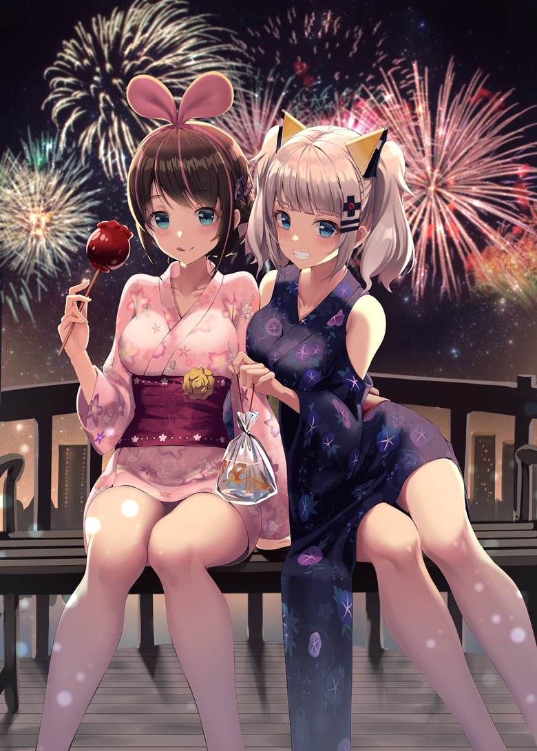 young girl, Kaguya Luna, Kizuna AI, summer festival, fireworks, kimono
