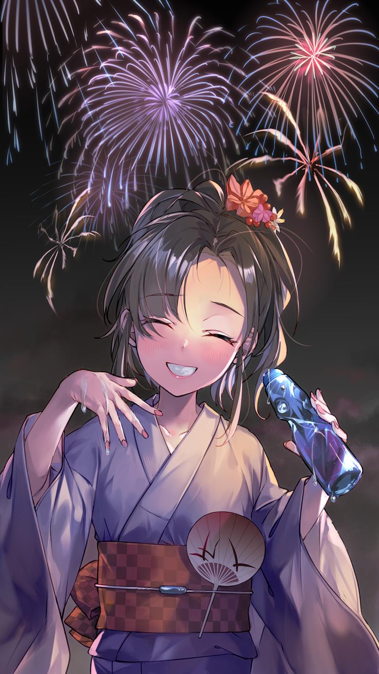 原创, 女孩子, smile, yukata, 焰火, summer festival, 马尾, 美甲, 波子汽水