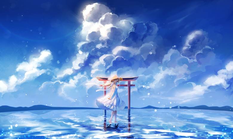 女孩子, feet in water, Torii, 夏日天空, 原创1000users加入书籤, summer dress, coast, 积雨云, 白色连衣裙, water surface
