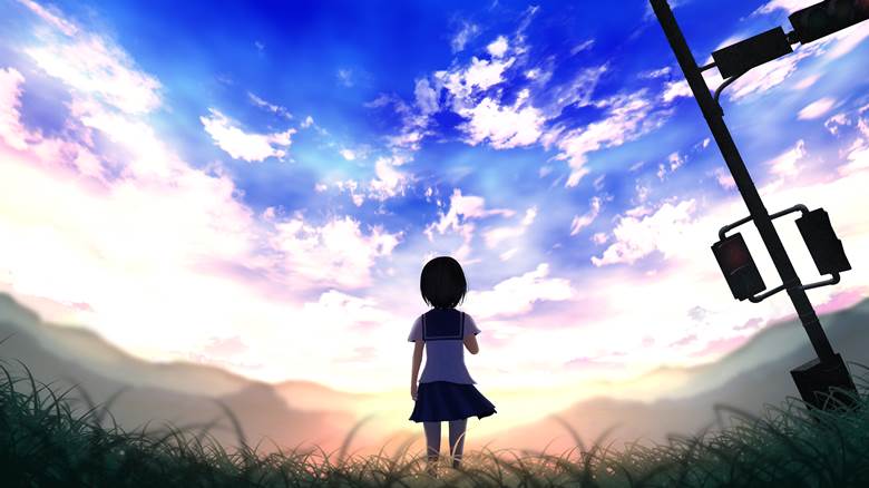traffic light, mouse drawing, young girl, 黄昏, 夕阳, 夏日天空, 云, 风景, background