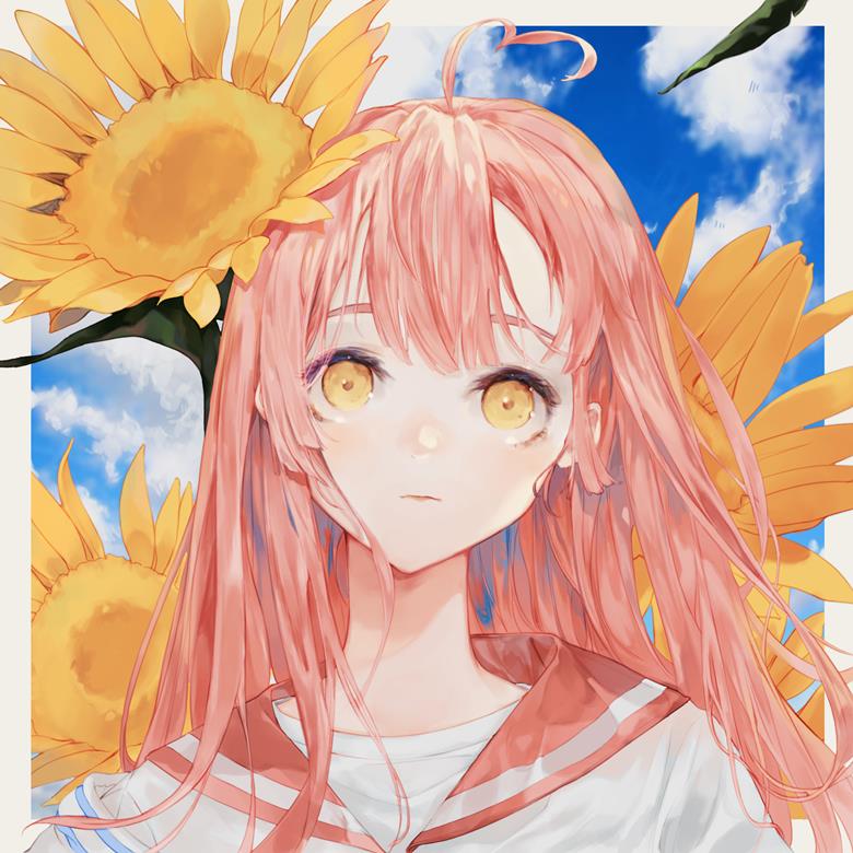 illustration, creation, young girl, girl, pink hair, sunflower, summer