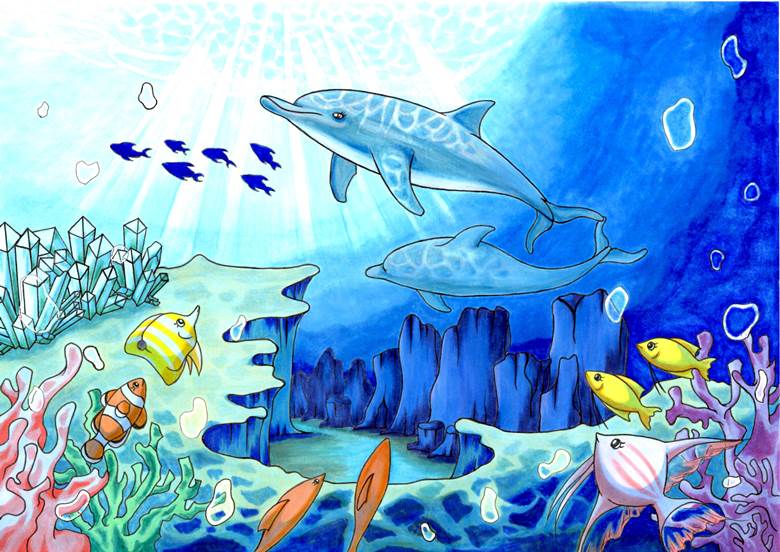 sea, copic马克笔, 手绘, tropical fish, seafloor, dolphin, Sango, bubbles, crystal, 水下