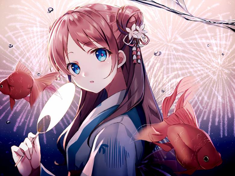 原创, 女孩子, 金鱼, Maroon Hair, 焰火