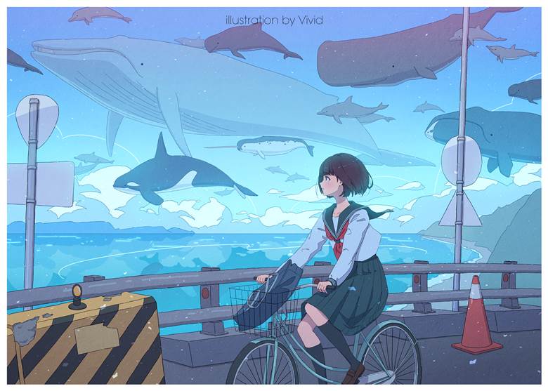 原创, 女孩子, 自行车, whale, sky fish, whale in the sky