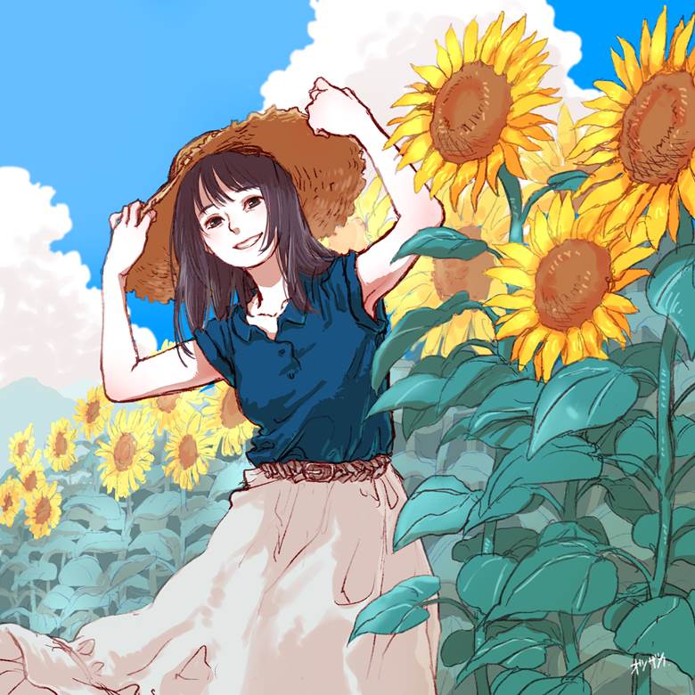 ひまわり|オツザカ的草帽少女插画图片