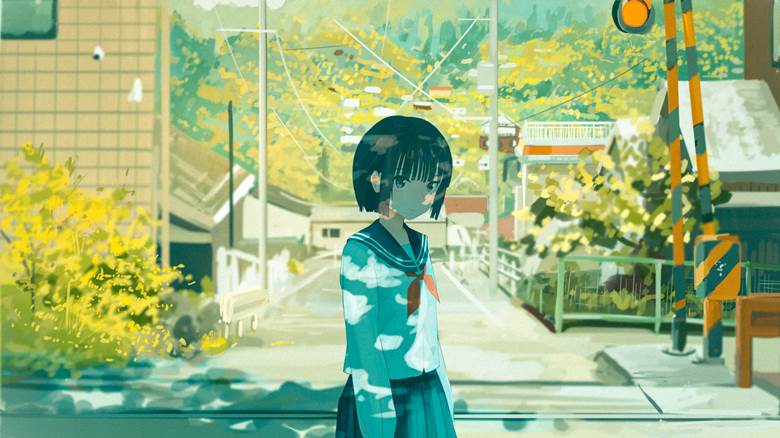 原创, 插画, background, 原创, 风景, 夏天, 女孩子, 铁路道口, nostalgic, 风景10000收藏