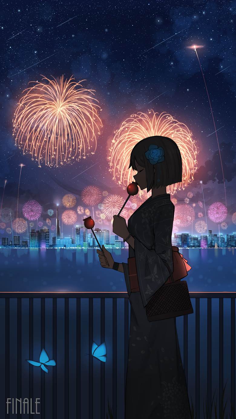原创, 原创, 女孩子, background, 风景, night view, 焰火, yukata, star, fantasy