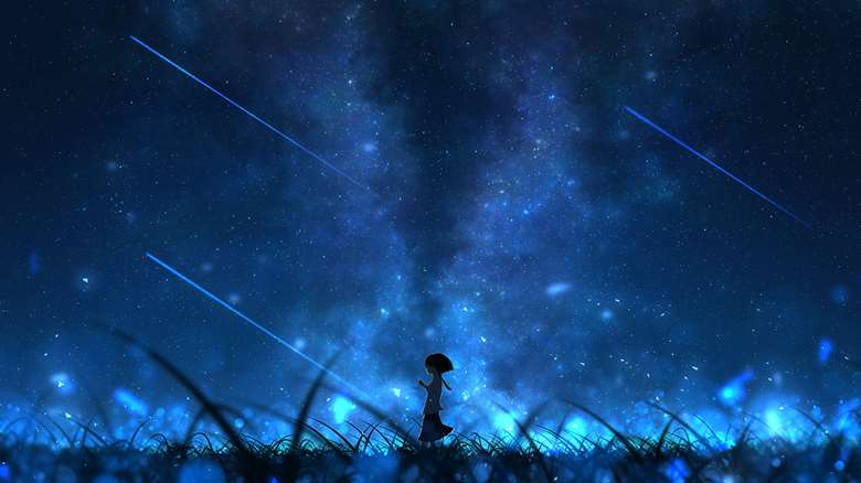 mouse drawing, young girl, 银河, night sky, starry sky, 风景, background