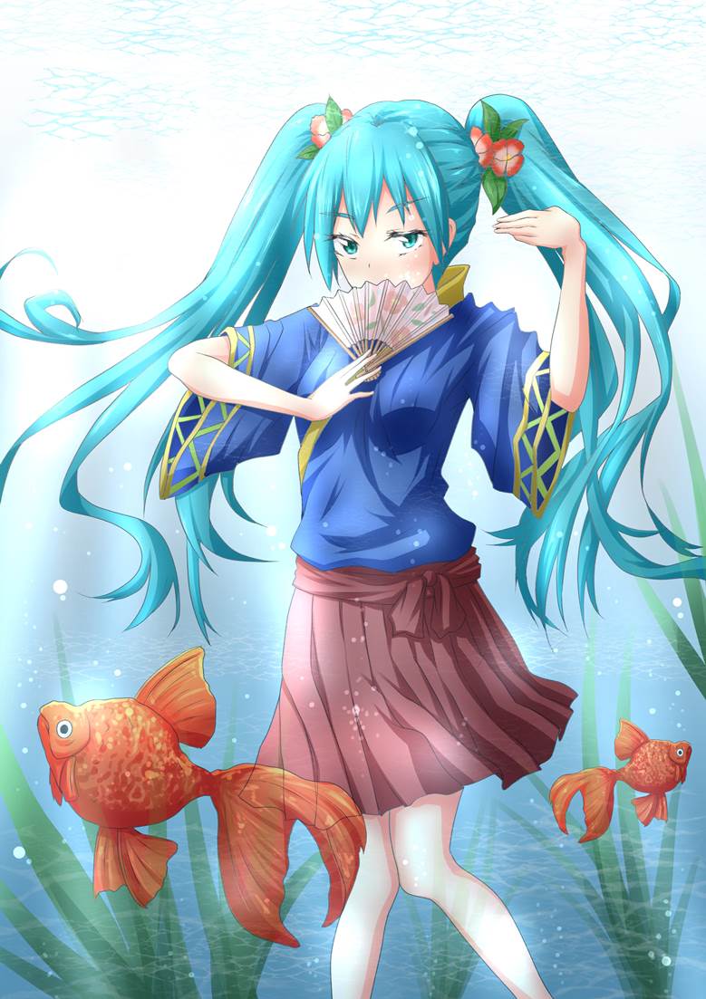 初音未来, 双马尾, miku, yukata, 水下, 和风, 金鱼