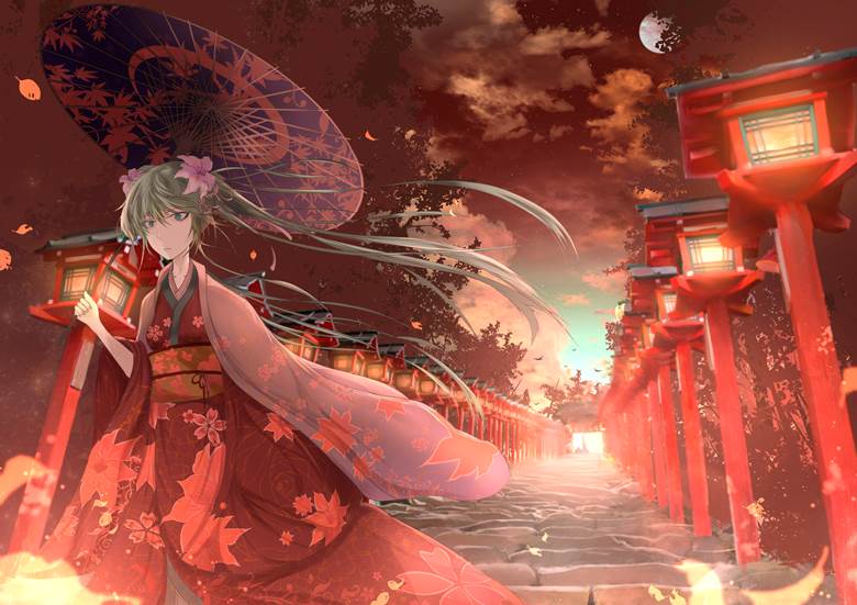 hatsune miku, autumn leaves, sunset, scenery, original, background