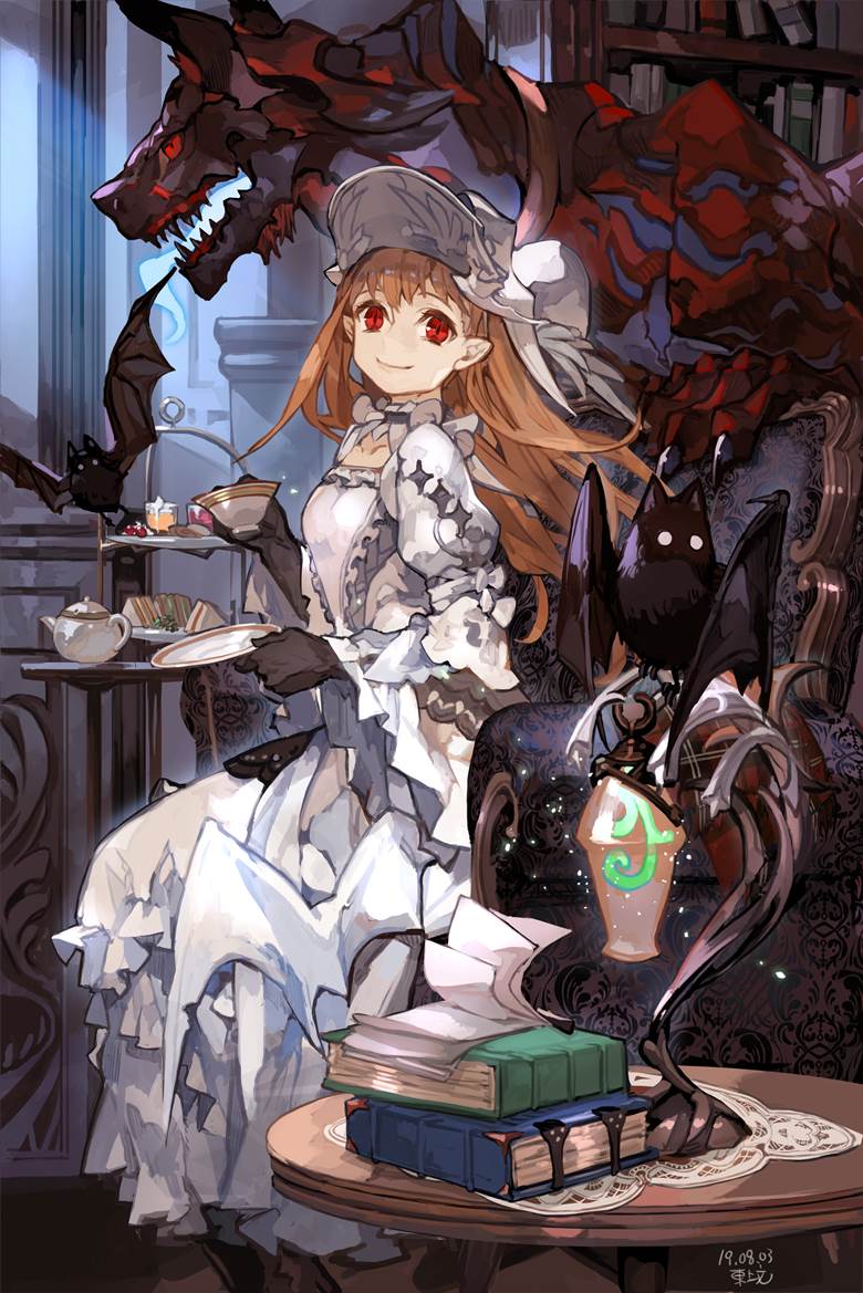 original, fantasy, girl, vampire princess, gothic lolita, vampire, tea time, afternoon tea, cake stand, white dress