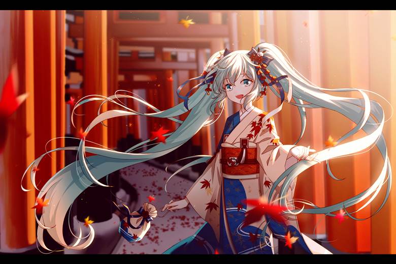 hatsune miku, Kyoto, autumn, autumn leaves, girl, kimono, Senbon Torii, Vocaloid 1000+ bookmarks