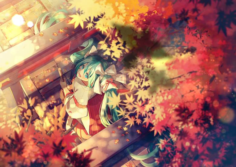 初音未来, autumn leaves, miko, Torii, VOCALOID 1000收藏
