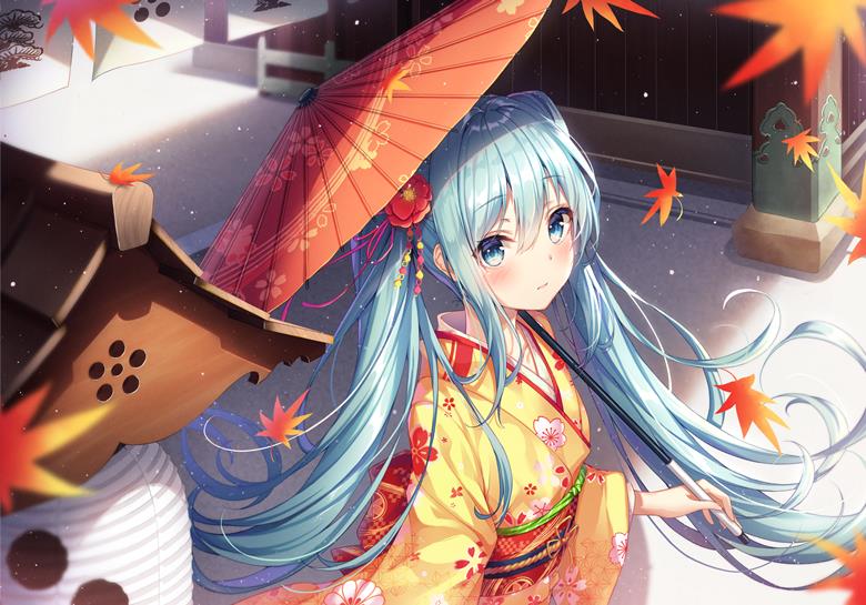 女孩子, 初音未来, 和服, autumn leaves, young girl, autumn, Vocaloid 10000+ bookmarks