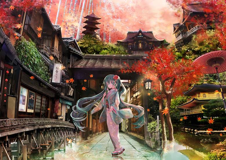 初音未来, Kyoto, autumn leaves, 和服, background, ripples, VOCALOID 500收藏