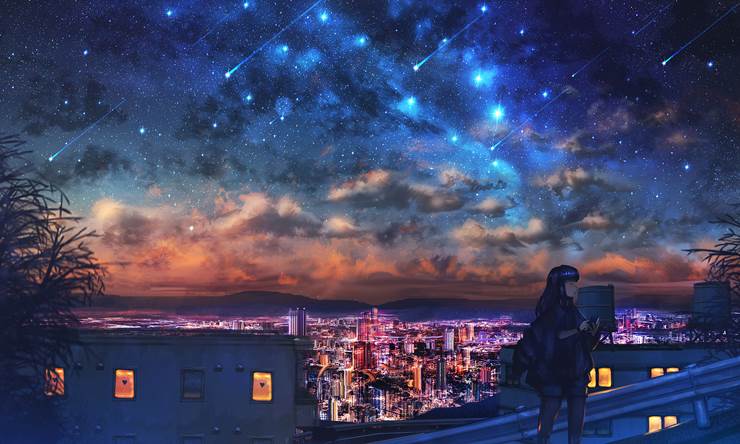 原创, background, 风景, starry sky, city, night view, meteor shower