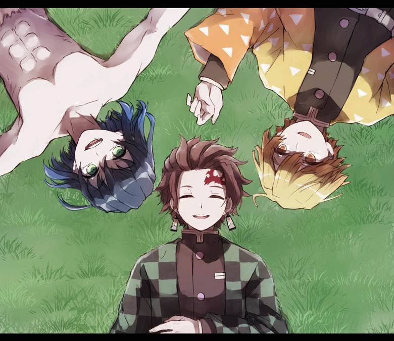 鬼灭之刃, 灶门炭治郎, Zenitsu Agatsuma, Inosuke Hashibira, 鱼糕队, Demon Slayer: Kimetsu no Yaiba 1000+ bookmarks, 仰卧