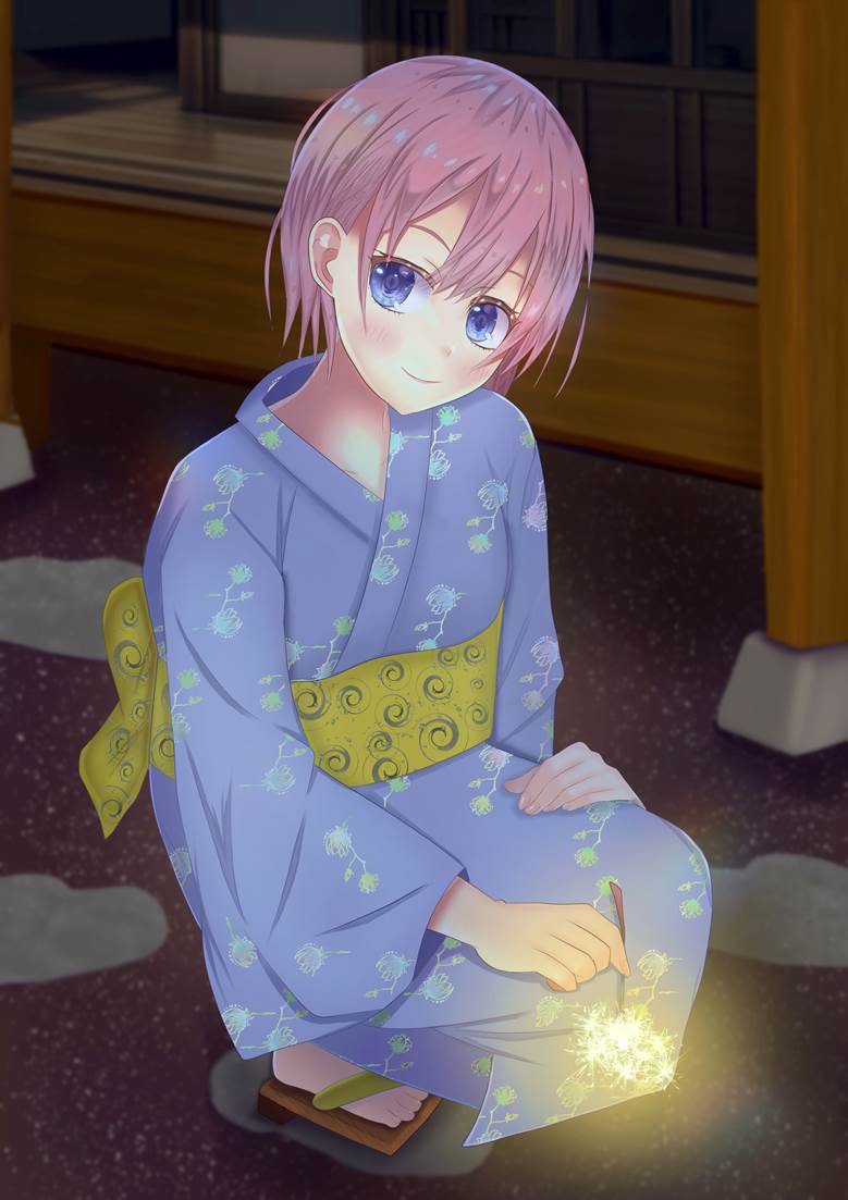 五等分的新娘, Ichika Nakano, sparkler, yukata, 夏天, 蹲, 焰火