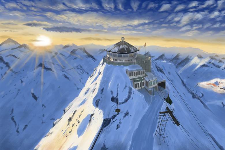 冬の山の朝日|烧き芋的冬天风景插画图片
