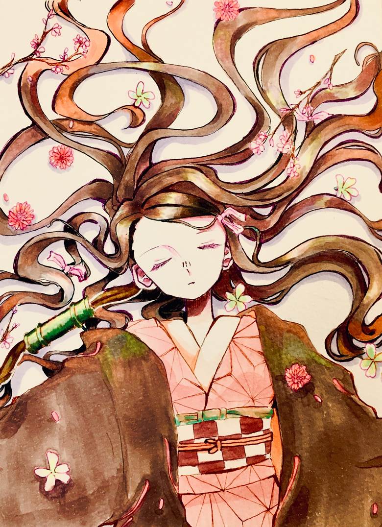 鬼灭之刃, 手绘, 灶门祢豆子, fluffy, copic马克笔, hair, Demon Slayer: Kimetsu no Yaiba 1000+ bookmarks