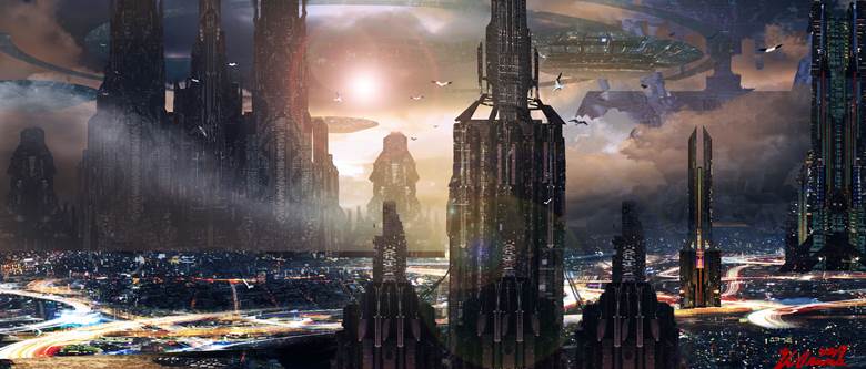 原创, 风景, background, 概念艺术, sky, city, spaceship, 云