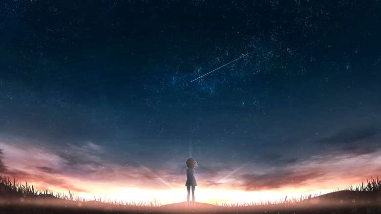mouse drawing, young girl, starry sky, night sky, 夕阳, 风景, background