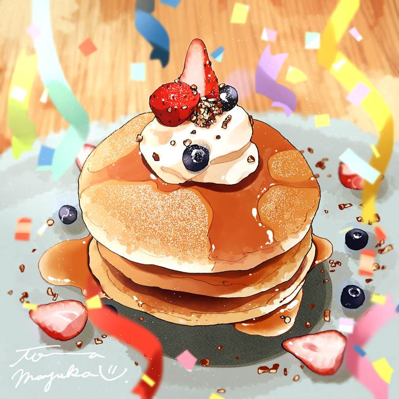 お祝いパンケーキ|东麻マユカ的蛋糕与人物的插画图片