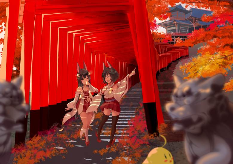 Azure Lane Fall illustration contest, Azur Lane, Nagato (Azur Lane), Mutsu (Azur Lane), autumn leaves, Sakura Empire, Azur Lane 500+ bookmarks, Torii, animal ears