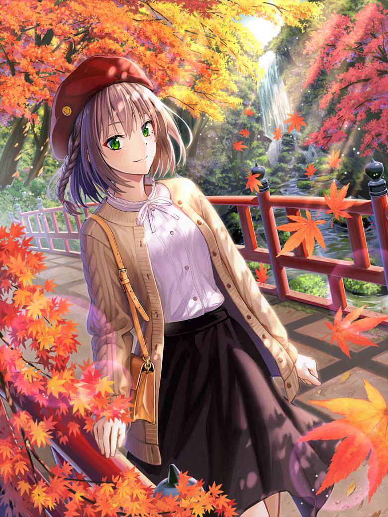 原创, 女孩子, background, autumn leaves, waterfall, 麻花毛衣, arch bridge, 原创1000users加入书籤