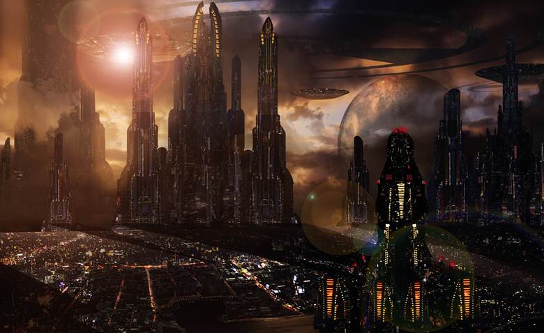 original, scenery, background, concept art, sky, city, spaceship, clouds, setting sun