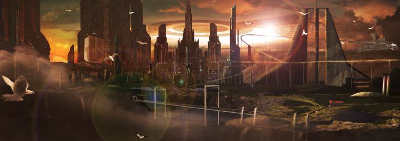 original, scenery, background, concept art, city, spaceship, river, clouds, sky