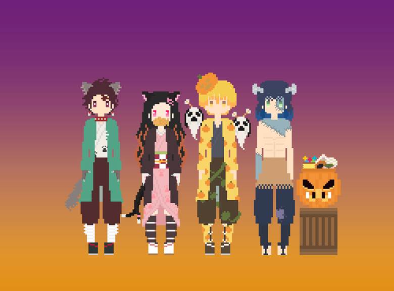 点阵图, 鬼灭之刃, Inosuke Hashibira, 灶门祢豆子, Zenitsu Agatsuma, 灶门炭治郎, 万圣节, 鱼糕队