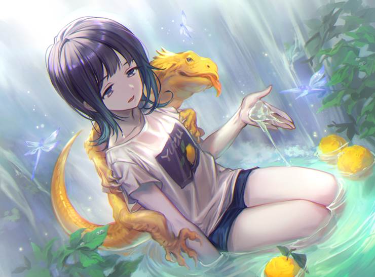原创, 女孩子, lizard, yuzu, 热裤, 原创1000users加入书籤, drooping eyes, water surface, 白皮肤