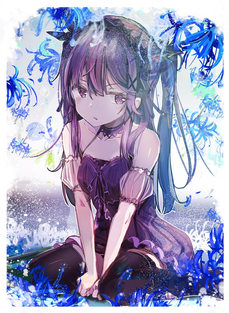 girl, gothic lolita, original, flower, headdress, dress, purple hair, lycoris radiata, two-side up, original 3000+ bookmarks